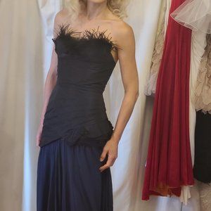 BCBG ink navy ostrich feather gown dress prom blue